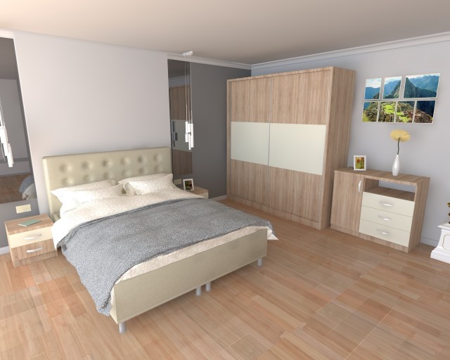 Dormitor Milano Sonoma cu Pat Tapitat Bej 140x200 cm
